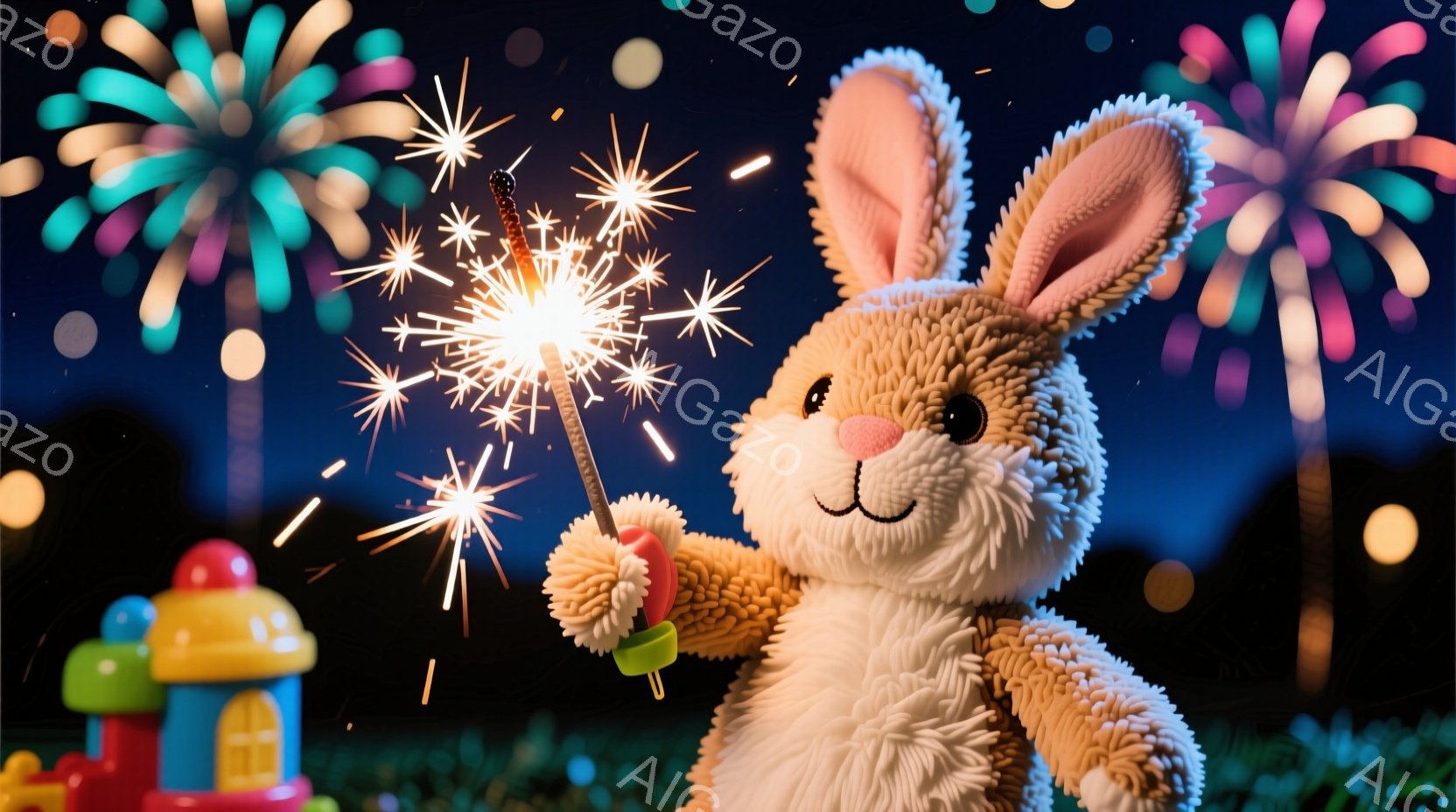 ふわふわの茶色のウサギが、片手に花火を持って微笑んでいます。背景には、カラフルな家々と緑の草むら、そして夜空に咲く花火が広がっています。温かく、幻想的な雰囲気が漂い、お祭りのような楽しい気分を誘います - AI生成フリー素材