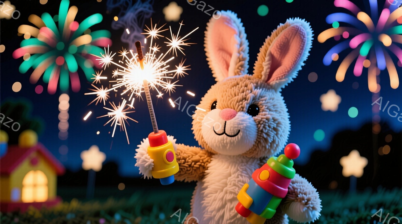 ふわふわとした白いたぬきが、色とりどりの花火ランタンを持って楽しそうに立っています。背景には可愛らしい赤い家と、星が散りばめられた夜空が広がっており、花火が夜空を華やかに彩っています。全体的に暖かく、お祝いムードにあふれた雰囲気です。