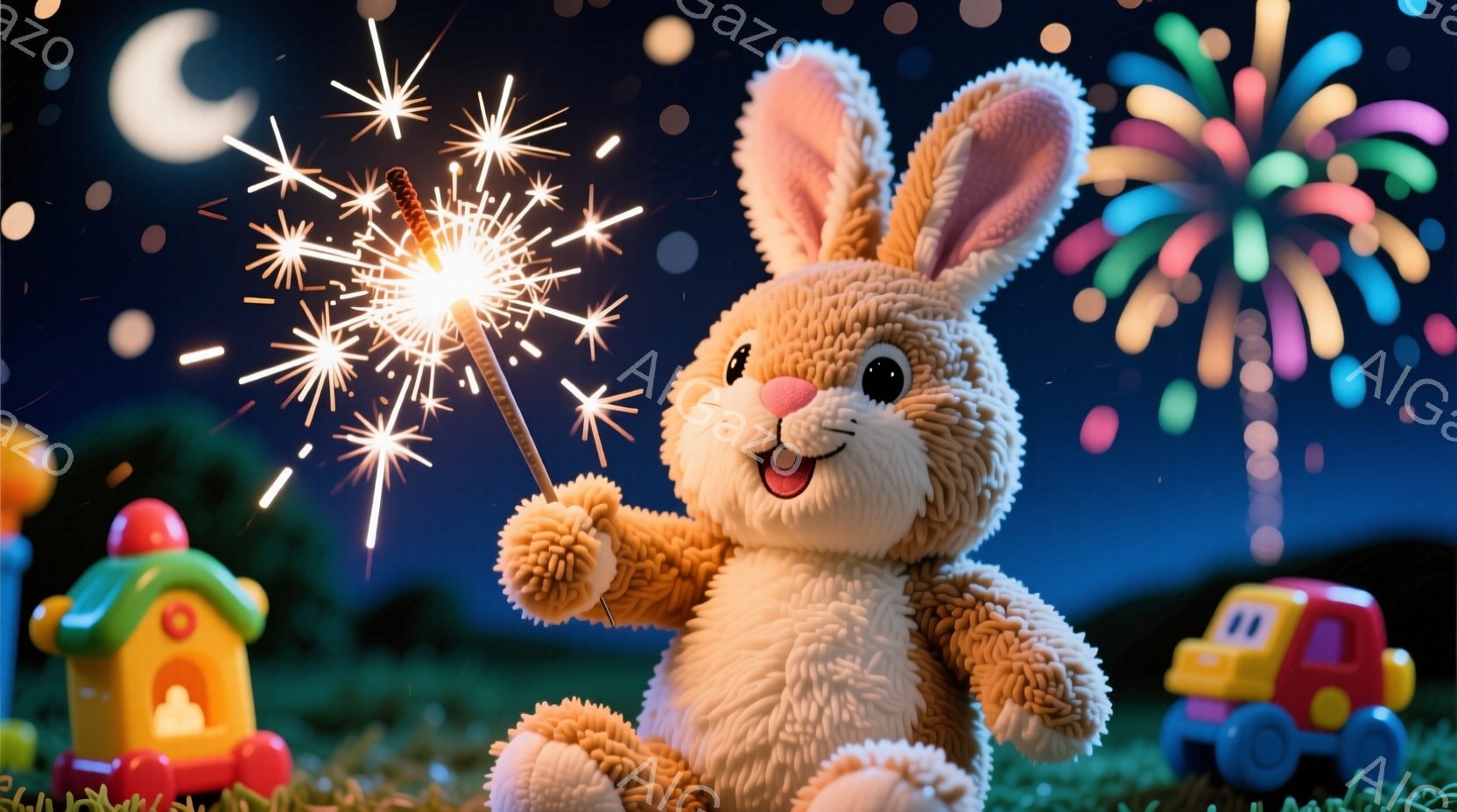 ふわふわの茶色のうさぎのぬいぐるみが、光る花火の棒を嬉しそうに持っています。背景には、おもちゃのような家や車、そして夜空に輝く花火と満月が見え、草むらも確認できます。全体的に、暖かく、楽しい、お祝いの雰囲気を感じさせる可愛らしい画像です。