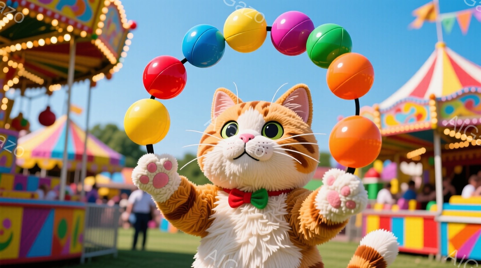 茶色の縞模様の大きな猫のキャラクターが、カラフルなボールを前足で巧みに操っています。背景には、遊園地の乗り物や賑やかな人々が見え、晴天の下で楽しい雰囲気が漂っています。猫の表情は穏やかで微笑みを浮かべ - AI生成フリー素材