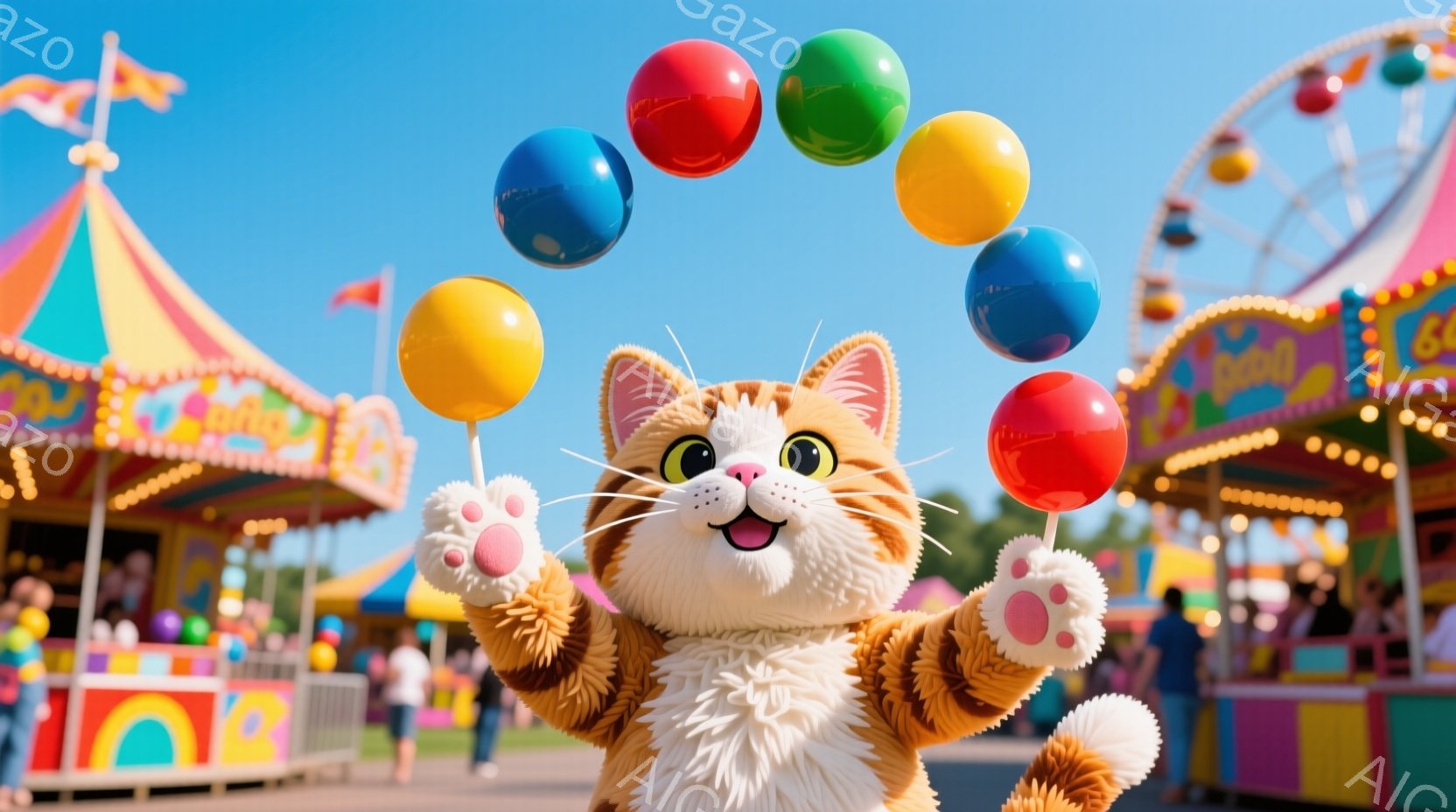 明るい遊園地の前に、大きなオレンジ色の猫の着ぐるみが立っている。着ぐるみは白い胸元と手足を持ち、楽しげな笑顔を見せている。背景には、様々な遊具や賑やかな人々が見え、晴天の下、陽気な雰囲気が漂っている。