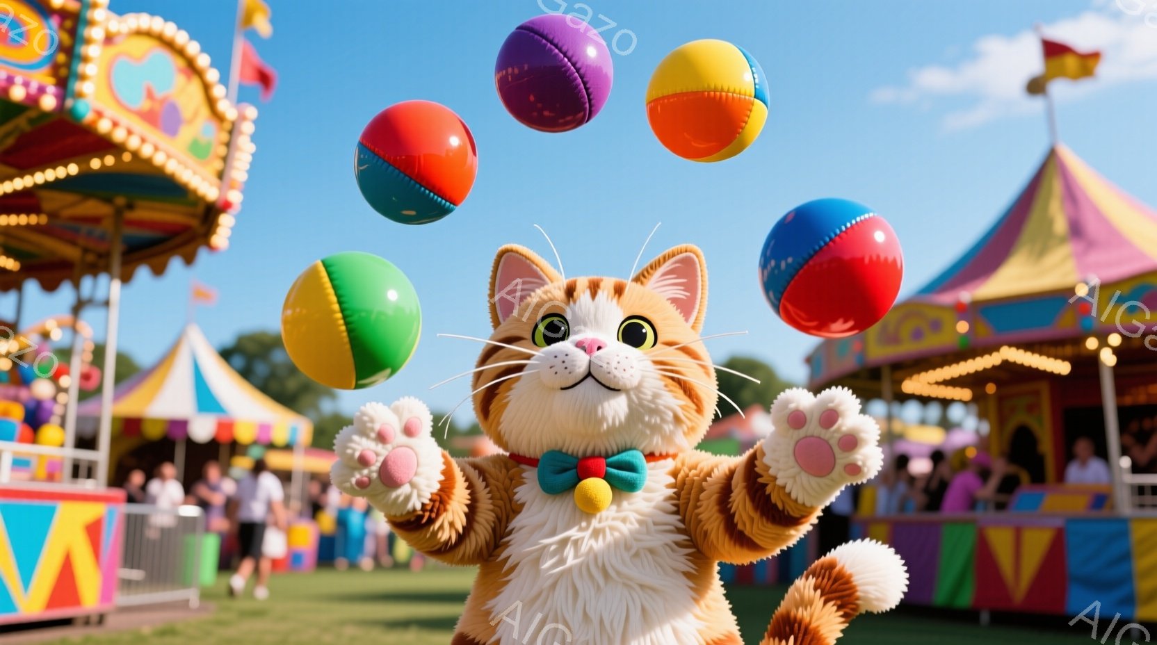 明るい青空の下、オレンジ色の縞模様の猫がカラフルなボールをジャグリングしている。猫は蝶ネクタイをつけ、楽しそうな表情で前足を広げている。背景には遊園地の乗り物やテント、そして緑の芝生が広がり、賑やかで - AI生成フリー素材
