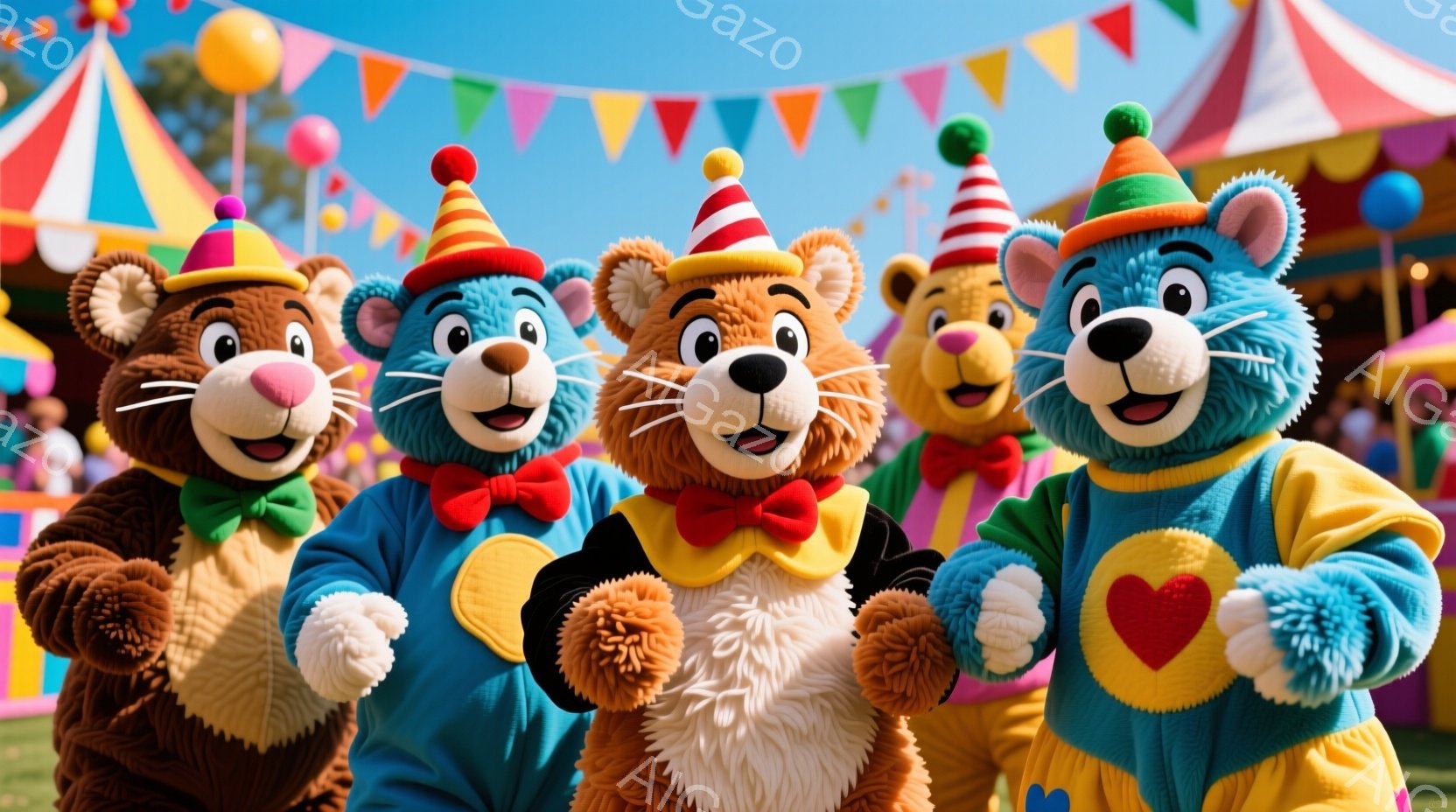 明るい背景に、カラフルな衣装を着たキャラクターたちが一列に並んでいます。彼らはそれぞれ異なる色の全身タイツのような服を着ており、頭にはポンポンがついた帽子をかぶっています。表情は皆笑顔で、楽しげな雰囲気を醸し出しており、背景には遊園地のような賑やかな様子が見えます。