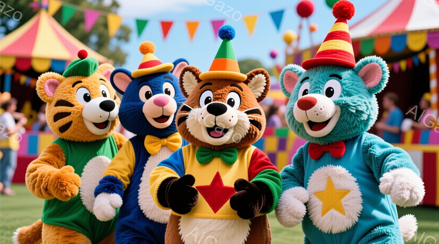 カラフルな動物のキャラクターが4体、芝生の広場に一列に並んでいます。それぞれ緑、青、赤と黄色、水色の衣装を着ており、頭にはポンポンがついた帽子をかぶっています。背景には、カラフルなテントや旗があり、天候は晴れで、お祭りやイベントのような楽しい雰囲気が漂っています。