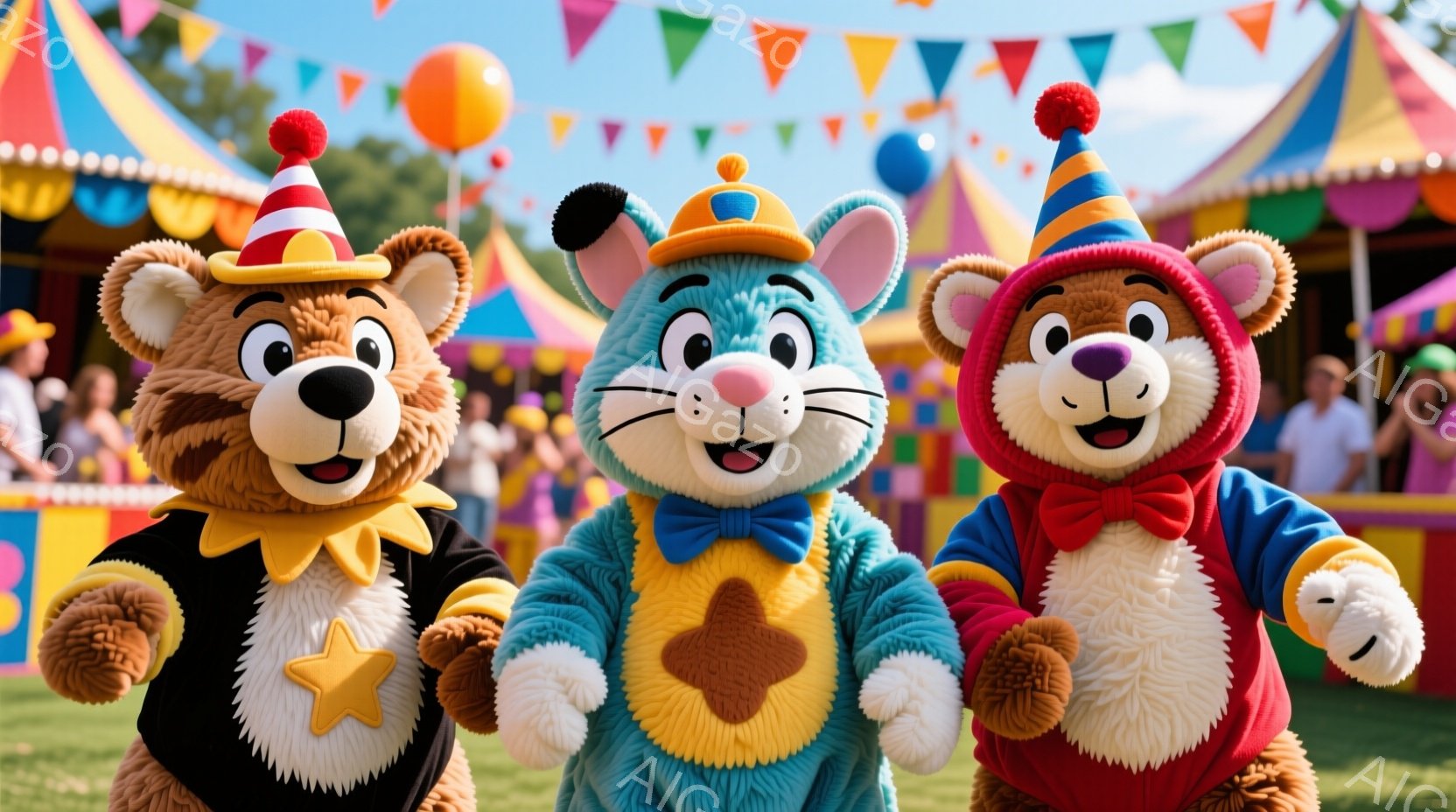 明るい緑の芝生の上に、クマとネコの着ぐるみが並んで立っています。クマたちはそれぞれ赤い帽子と蝶ネクタイを付け、片手には星形のモチーフを持っています。背景にはカラフルなテントや風船が見え、晴れた空の下、賑やかなお祭りのような雰囲気です。