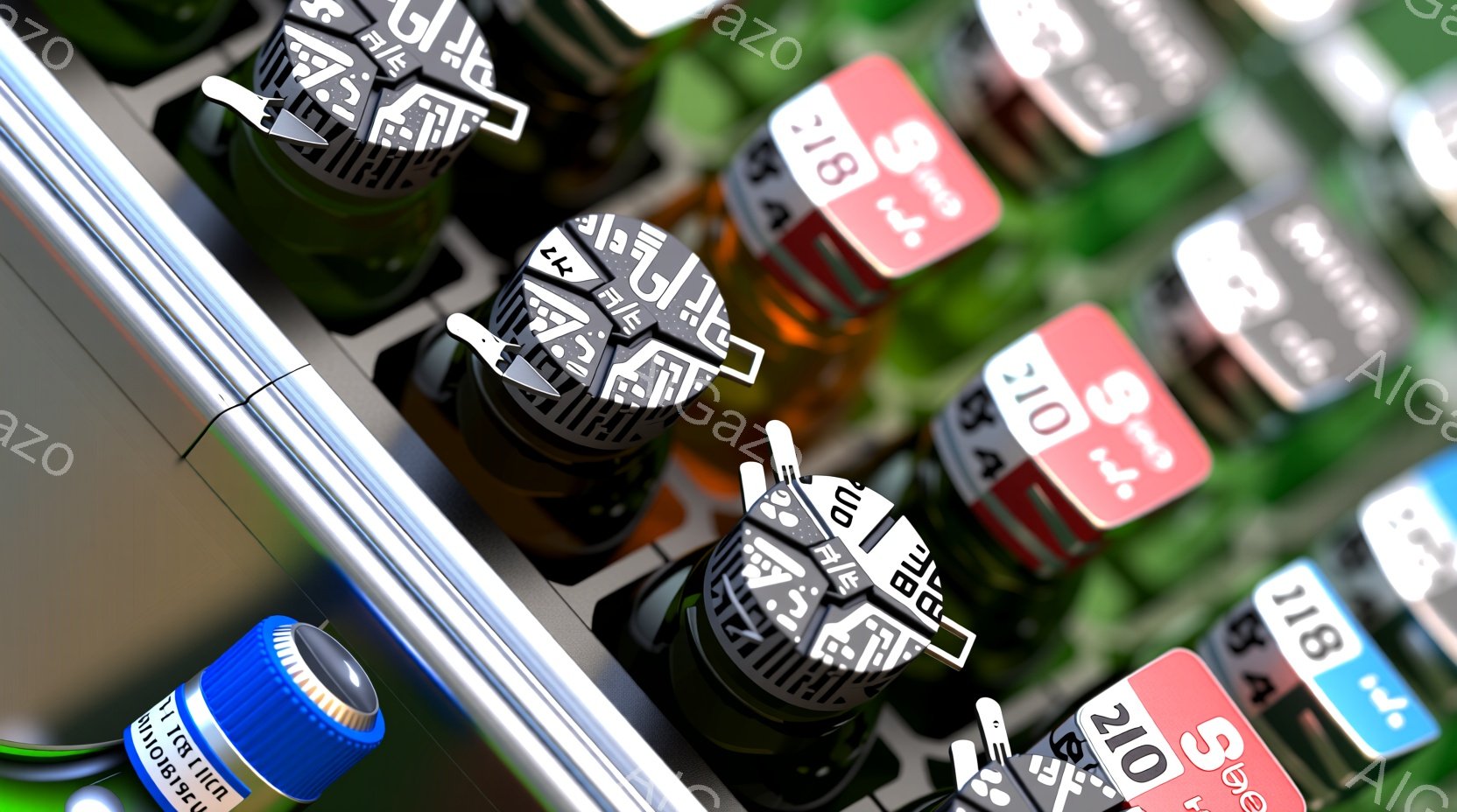 様々な色の円柱状の物体が密集して配置されたクローズアップ写真です。緑、白、赤、黒などの色があり、それぞれに数字や記号が書かれています。背景はぼやけており、光沢のある表面が反射している様子から、これらは何かの容器または部品の一部であると考えられます。