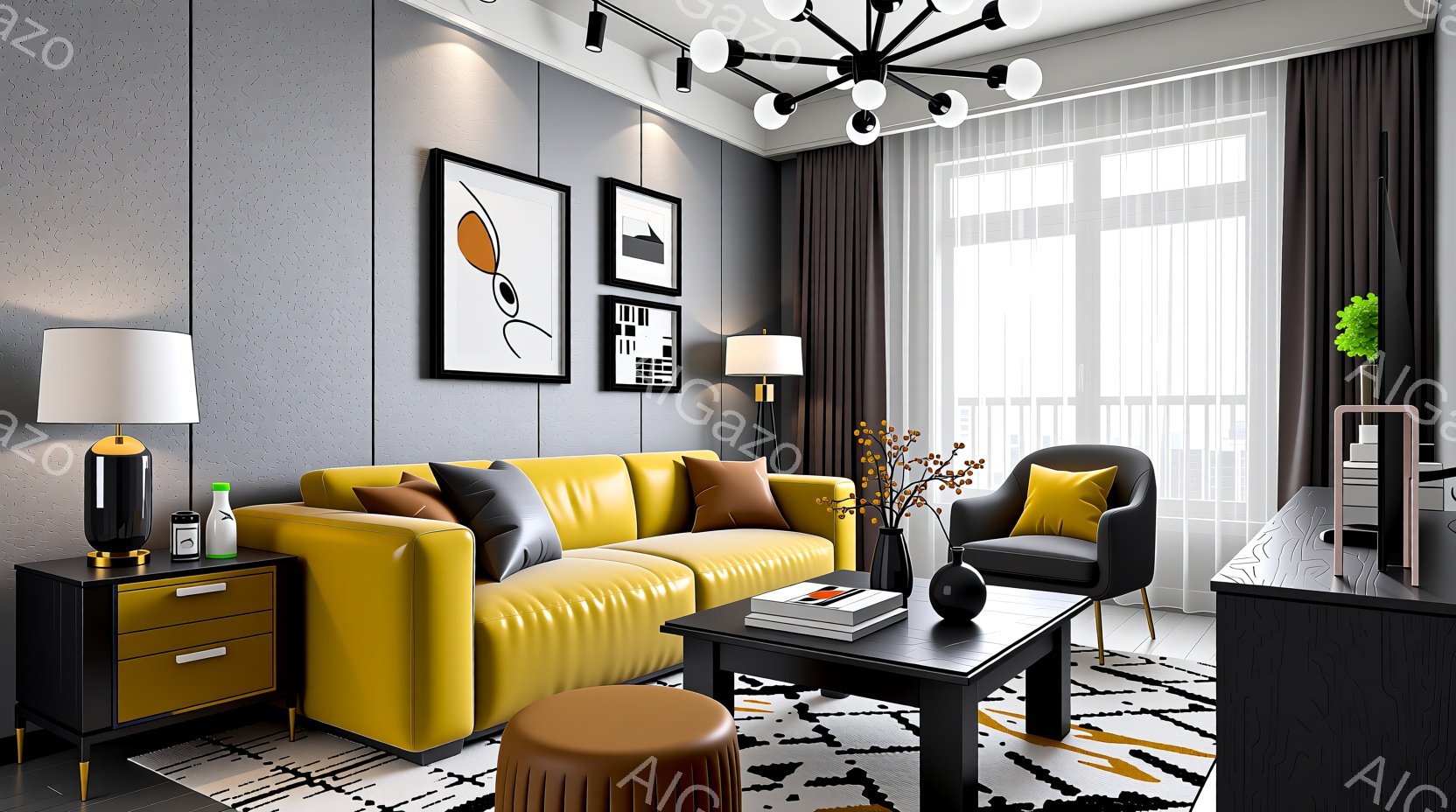 鮮やかな黄色のソファと黒いアームチェアが置かれたモダンなリビングルームです。壁はグレーで、抽象的なアートワークが飾られています。部屋全体は、白、黒、黄色を基調とした洗練された雰囲気で、大きな窓からは自 - AI生成フリー素材
