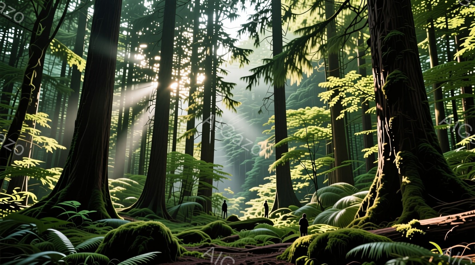 森林の中で人々が行進しているところを描いています。髪型はショートカット、服装は普通のスタンドアロンジャケットで、表情は積極的に彼らが進むことを示しています。背景には直線の光が投影されるような印象があり、全体として楽しげで静かな雰囲気が感じられます。