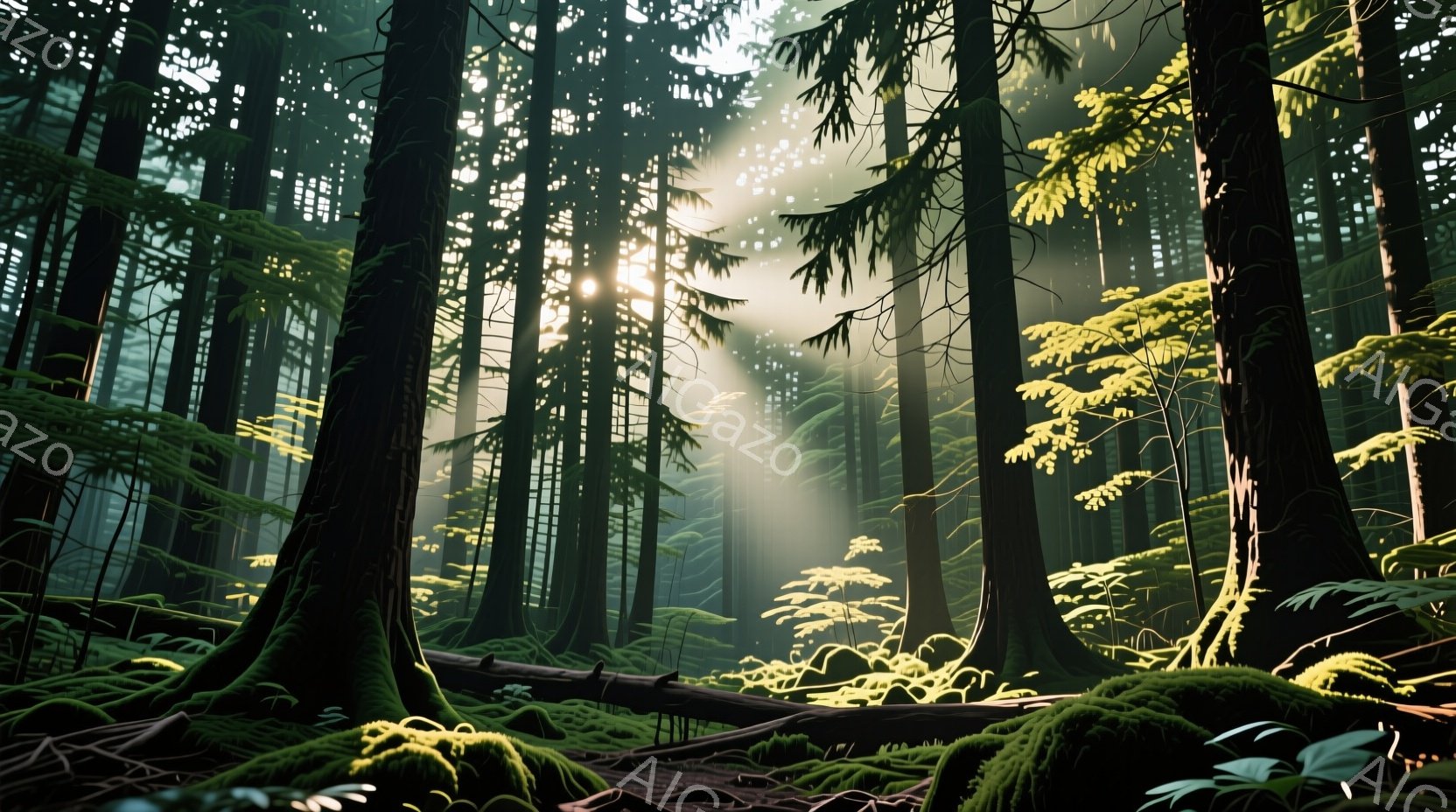 深い緑に覆われた森林が広がっており、木々の間から差し込む陽光が幻想的な光の柱を作っている。地面は苔や植物で覆われ、倒木が点在し、静寂と神秘的な雰囲気を醸し出している。光と影のコントラストが強調され、自 - AI生成フリー素材