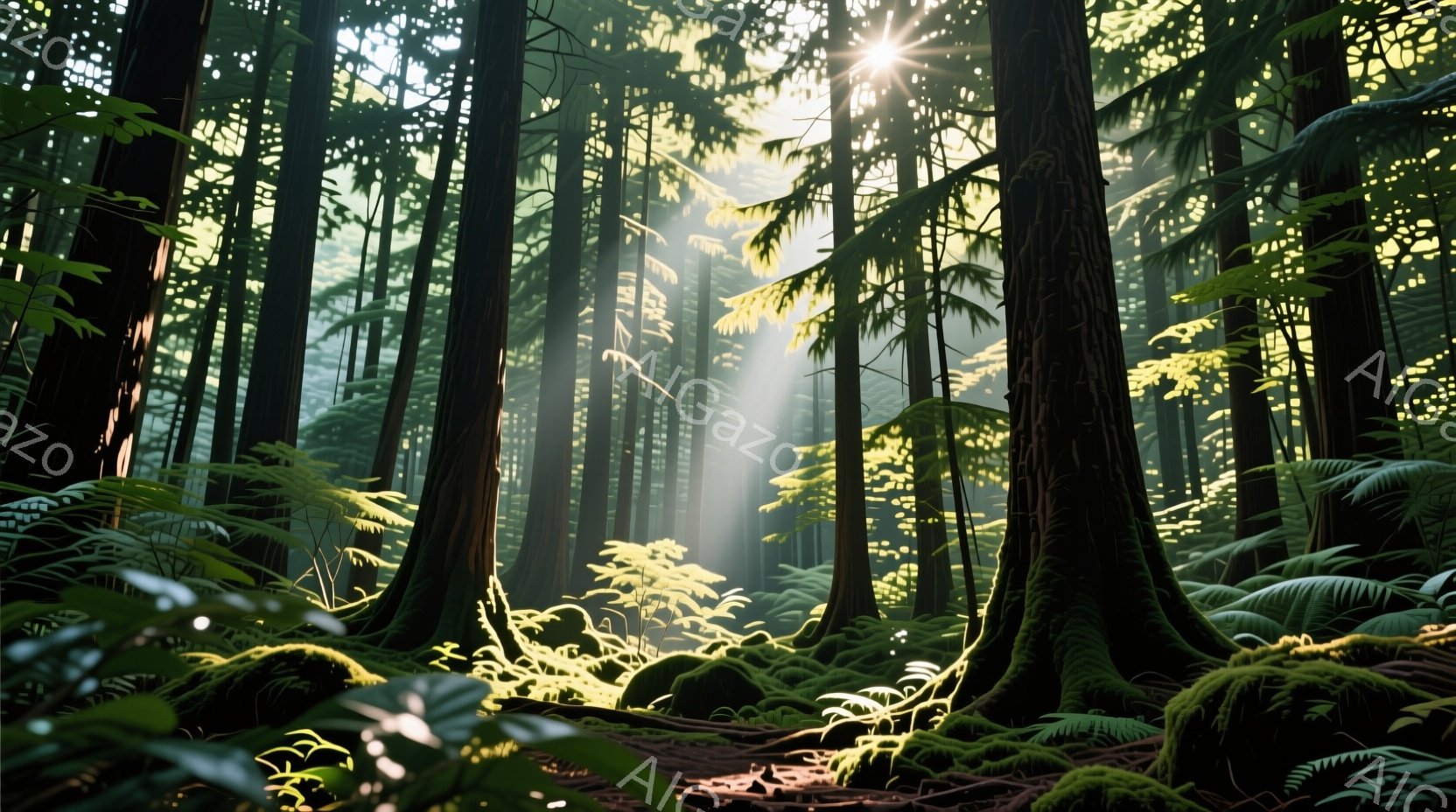 鬱蒼とした森の中、巨大な針葉樹が立ち並び、緑豊かなシダ植物が地面を覆っている。強い光線が木々の間から差し込み、森全体を神秘的な雰囲気に包んでいる。苔むした木の根元や、地面の落ち葉が、静かで自然な空間を演出している。