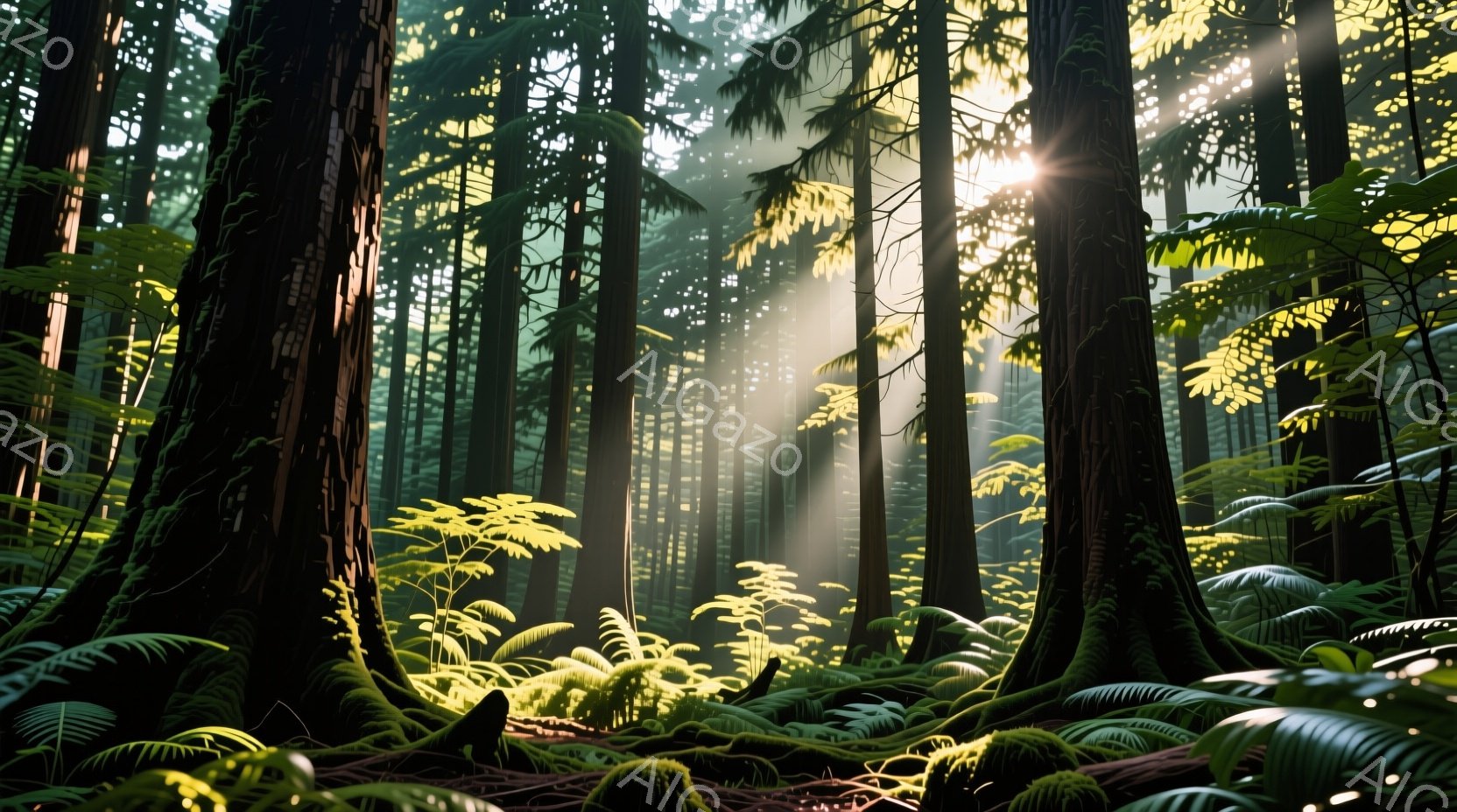 巨大なセコイアの木々が生い茂る森の中、光線が降り注ぎ、緑豊かなシダ植物が地面を覆っている。木々の幹は赤みがかっており、苔や植物が絡みつき、神秘的な雰囲気を醸し出している。太陽光が木々の間から差し込み、森全体を幻想的に照らし出している。