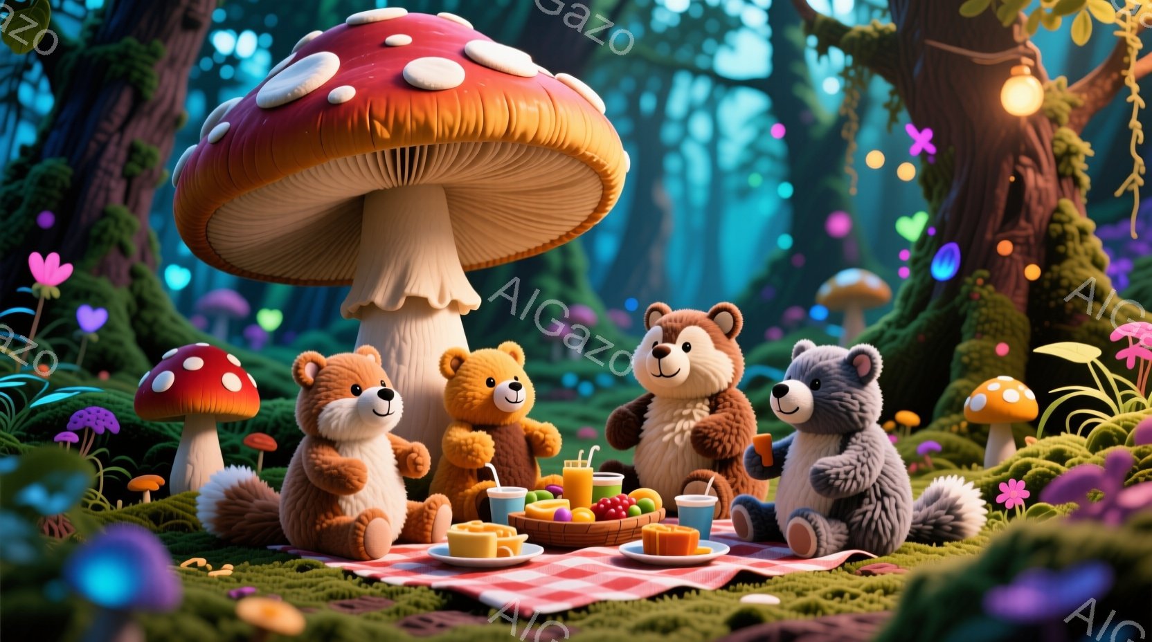 可愛らしいクマのぬいぐるみたちが、赤いチェックのブランケットの上に座ってピクニックを楽しんでいます。大きな赤いキノコや色とりどりの植物が生い茂る森の中で、彼らはオレンジジュースとケーキを囲み、幸せそうに微笑んでいます。背景には幻想的な光が差し込み、温かく穏やかな雰囲気を醸し出しています。