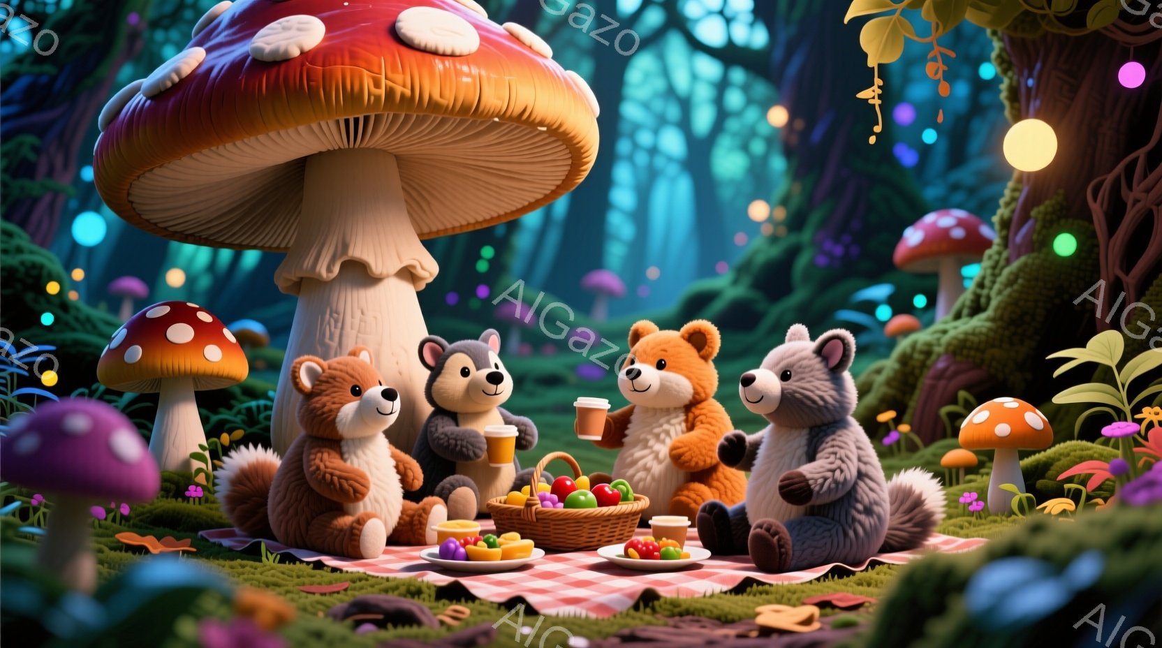 緑豊かな森の中で、クマ、ウサギ、キツネの動物たちがピクニックを楽しんでいます。彼らはそれぞれコーヒーカップを持って座り、赤いチェック柄の敷物の上に置かれたバスケットから軽食を取っています。背景には色と - AI生成フリー素材