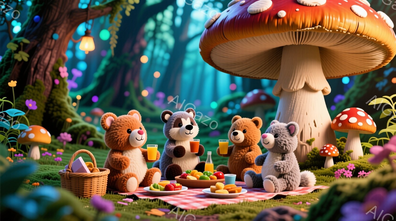 鮮やかな色彩の森の中で、四匹のテディベアがピクニックを楽しんでいます。それぞれ異なる毛色と表情を持ち、赤いチェックの敷物の上に座り、オレンジジュースと果物、サンドイッチを美味しそうに味わっています。背 - AI生成フリー素材