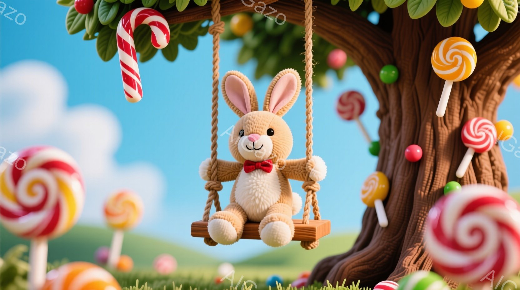 ふわふわのクリーム色のウサギのぬいぐるみは、木の枝から吊るされた小さなブランコに座っています。赤い蝶ネクタイをつけ、穏やかな表情で、まるで物語の世界にいるかのようです。背景には、カラフルなキャンディが点在する緑の草原と青い空が広がり、夢のような甘い雰囲気を醸し出しています。