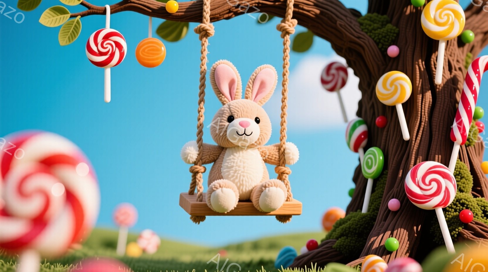 ぬいぐるみのような茶色のうさぎが、キャンディで飾られた木の枝から吊るされたブランコに座っています。背景には、色とりどりのキャンディや花が咲き乱れる緑の丘が広がり、晴れた青空が広がっています。全体的に、甘くて夢のような、おとぎ話のような雰囲気が漂っています。