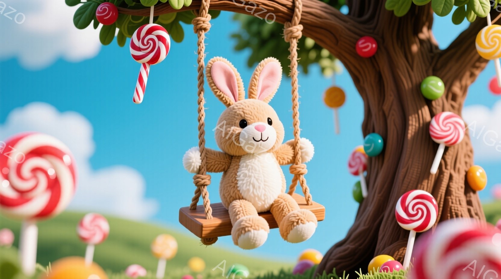 ぬいぐるみのような茶色のウサギが、木の枝から吊るされた小さなブランコに座っています。背景にはキャンディが咲き乱れる草原と、青空が広がっており、可愛らしくファンタジーな雰囲気が漂っています。ウサギは穏やかな表情で、可愛らしいポーズでリラックスしている様子です。