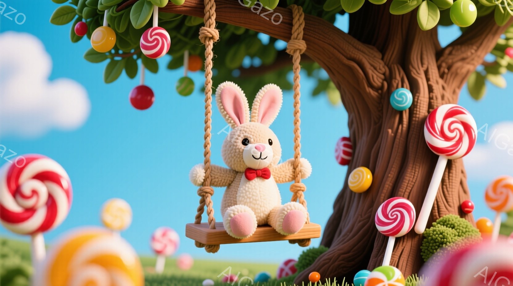 ふわふわのクリーム色のウサギのぬいぐるみは、木製のブランコに座って楽しんでいます。赤いリボンを首に結び、穏やかな表情で前を見つめています。背景には、キャンディーやカラフルな植物が生い茂り、青い空が広がっており、夢のような甘い雰囲気を醸し出しています。