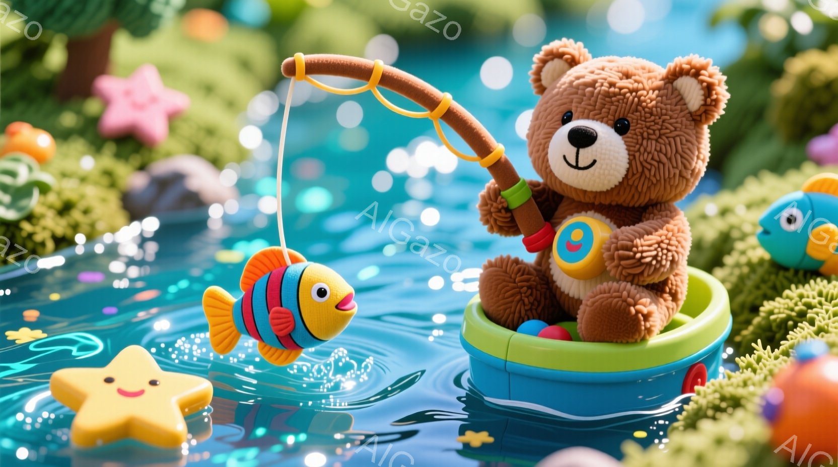 茶色のテディベアが、青いボートに乗って釣りをしています。ベアはオレンジ色のライフジャケットを着ており、満面の笑みを浮かべています。背景には、カラフルな魚や星形の浮き輪が浮かび、水面にはきらきらとした光 - AI生成フリー素材