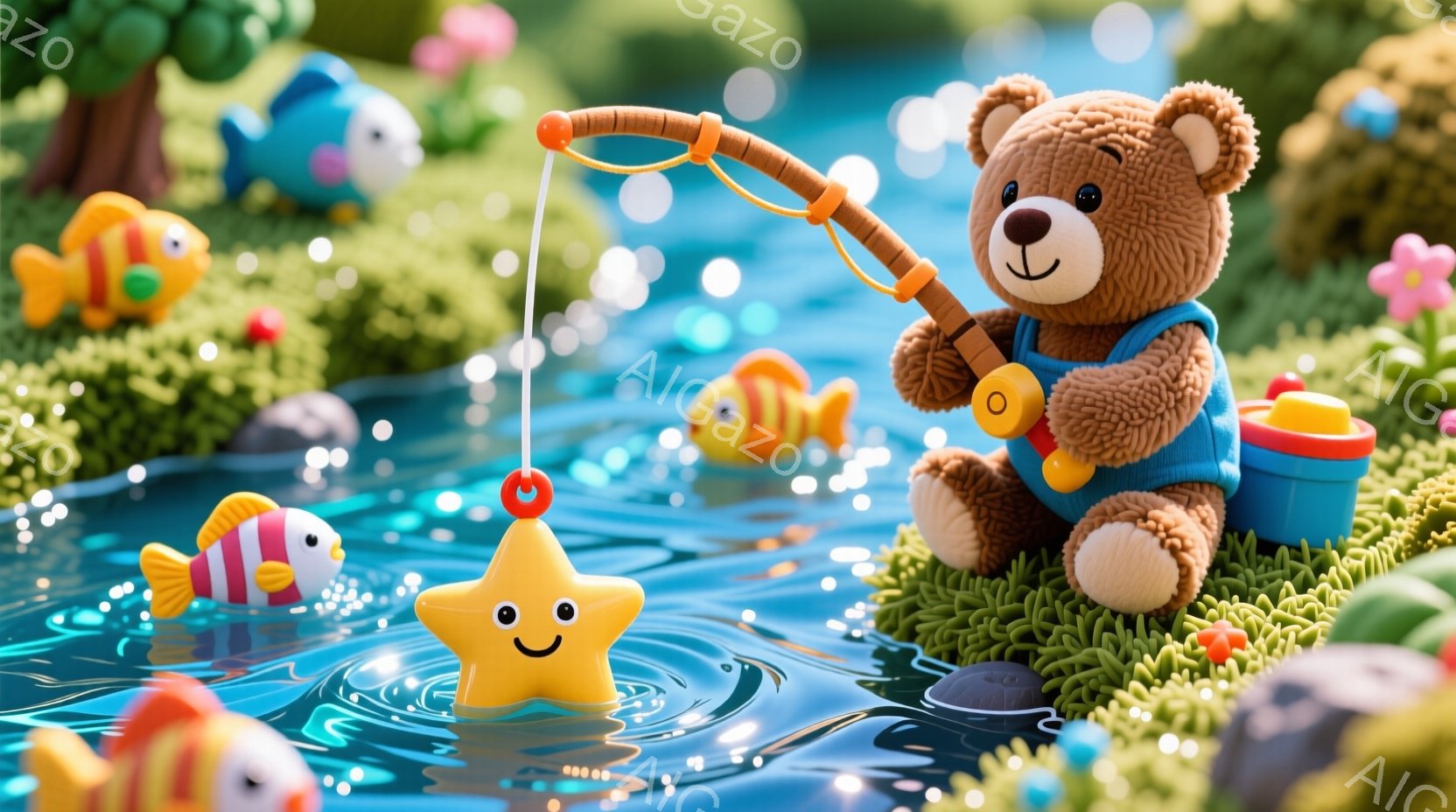 柔らかい茶色のテディベアが釣りを楽しんでいます。青いオーバーオールと赤いバケツを身につけ、顔は穏やかな笑顔で満ちています。背景には緑の草と水面、そしてカラフルな魚たちが浮かび、暖かい春の日のような平和で楽しい雰囲気が漂っています。