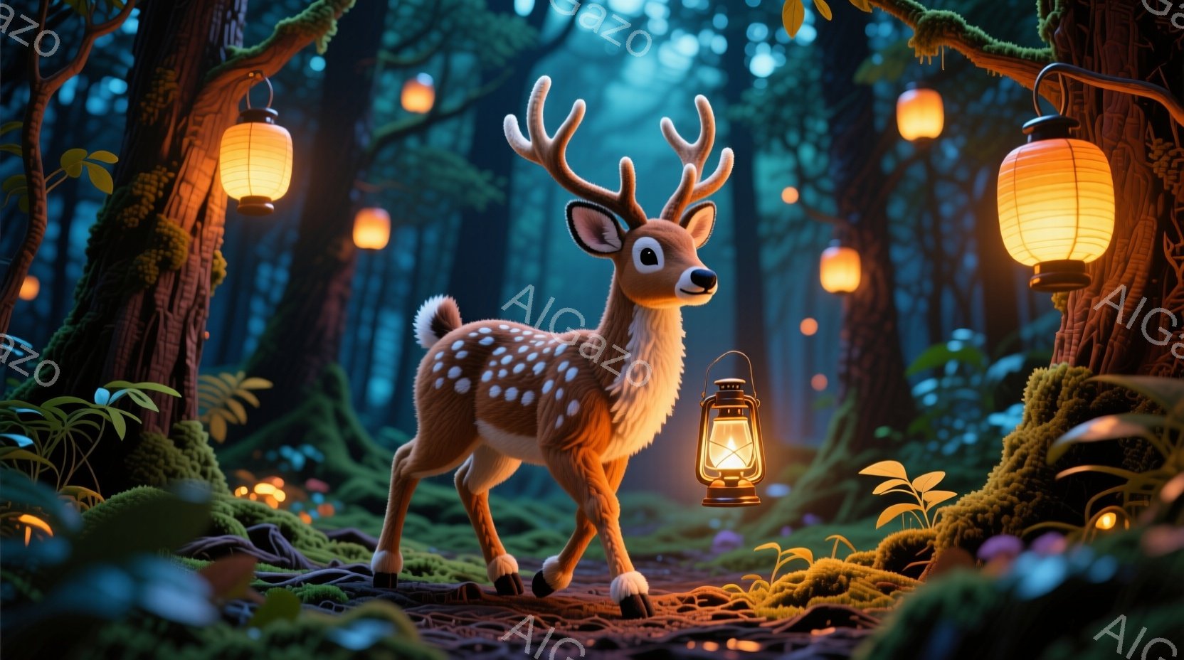 可愛らしい子鹿が、苔むした森の中で穏やかに佇んでいます。周囲には、暖かく光る提灯が吊るされ、幻想的な雰囲気を醸し出しています。森の床は根や落ち葉で覆われ、小さなキノコが生えており、まるで物語の中のワンシーンのようです。