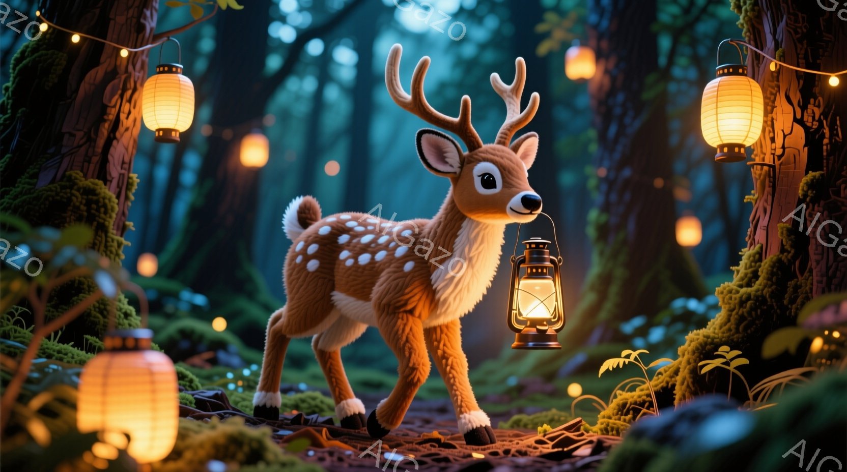 可愛らしい子鹿が、森の中で提灯を持っています。周りの木々は苔むしており、提灯の暖かな光が森を幻想的に照らしています。足元には落ち葉が積もり、静かで穏やかな雰囲気が漂っています。