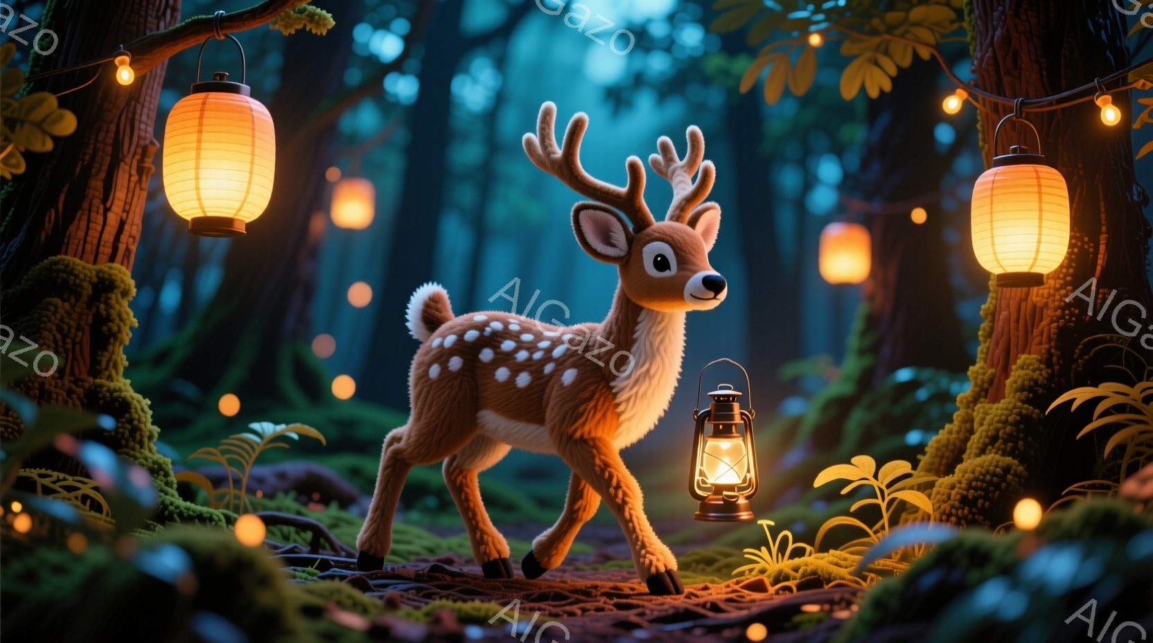 苔むした森林の中で、愛らしい子鹿が正面を向いています。周囲には、暖かく優しい光を放つ提灯が吊るされ、地面には小さな植物が生い茂り、まるで童話の世界のような雰囲気を醸し出しています。子鹿は優しい表情で、静かに森の奥を見つめているようです。
