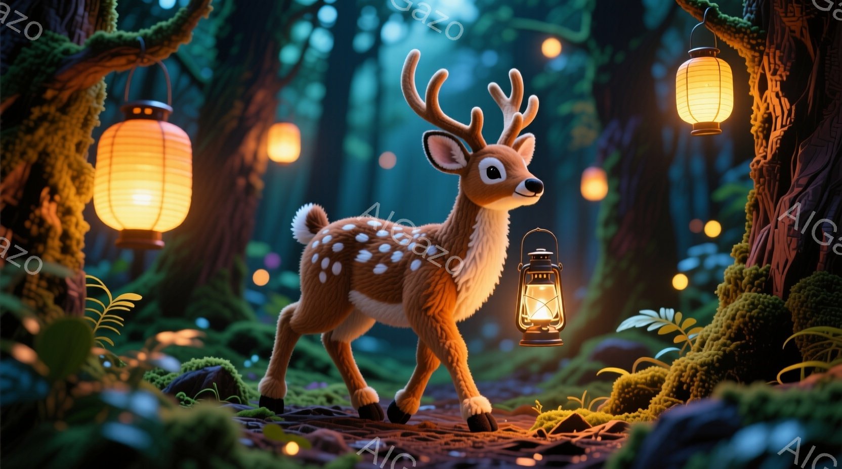 可愛らしい子鹿が、苔むした森の中を歩いている。周囲には、暖かく光るランタンが吊るされ、幻想的な雰囲気を醸し出している。地面は落ち葉で覆われ、周囲の木々は緑豊かな苔で覆われている。