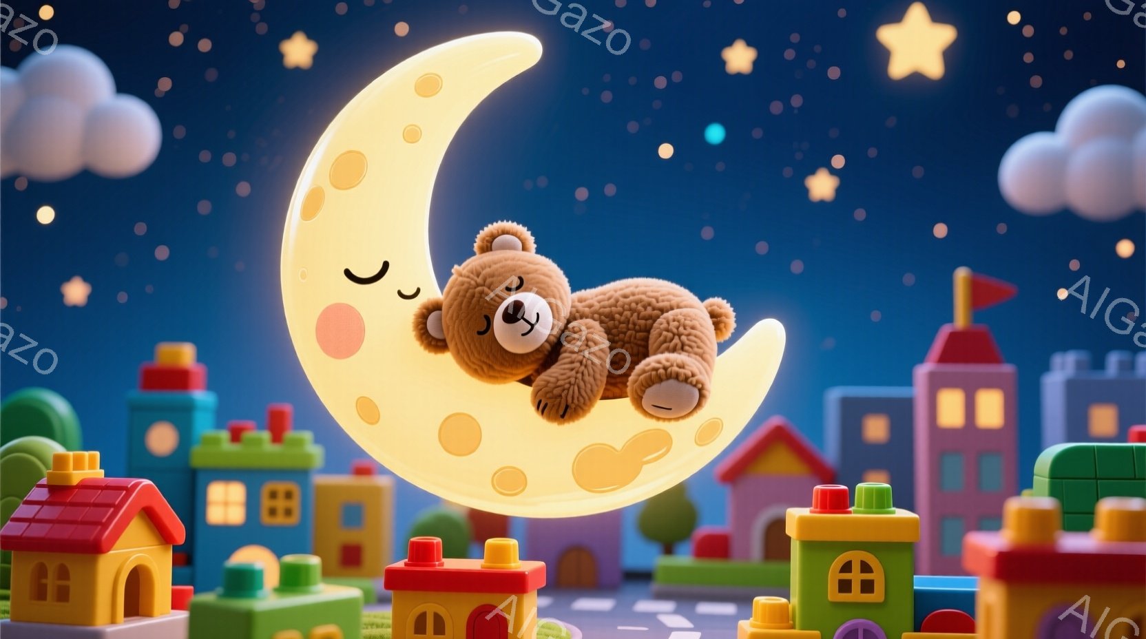 雲と星が浮かぶ夜空を背景に、おもちゃのようなカラフルな街並みの上に、茶色のテディベアが三日月の上で眠っています。テディベアは目を閉じ、穏やかな表情で仰向けに寝ており、背景の建物はブロックのような形をし - AI生成フリー素材
