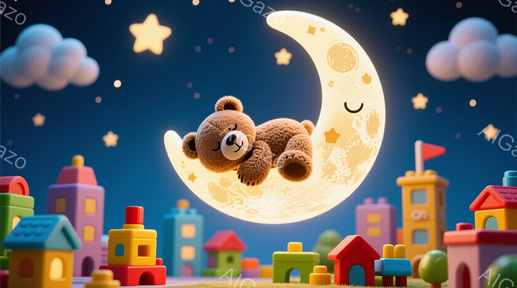 紺碧色の背景に、おもちゃのようなカラフルな建物が並び、その上に満月が浮かんでいます。月の上には、茶色のテディベアが眠っており、穏やかな表情をしています。全体的に、夢のような、子供らしい温かい雰囲気が漂 - AI生成フリー素材