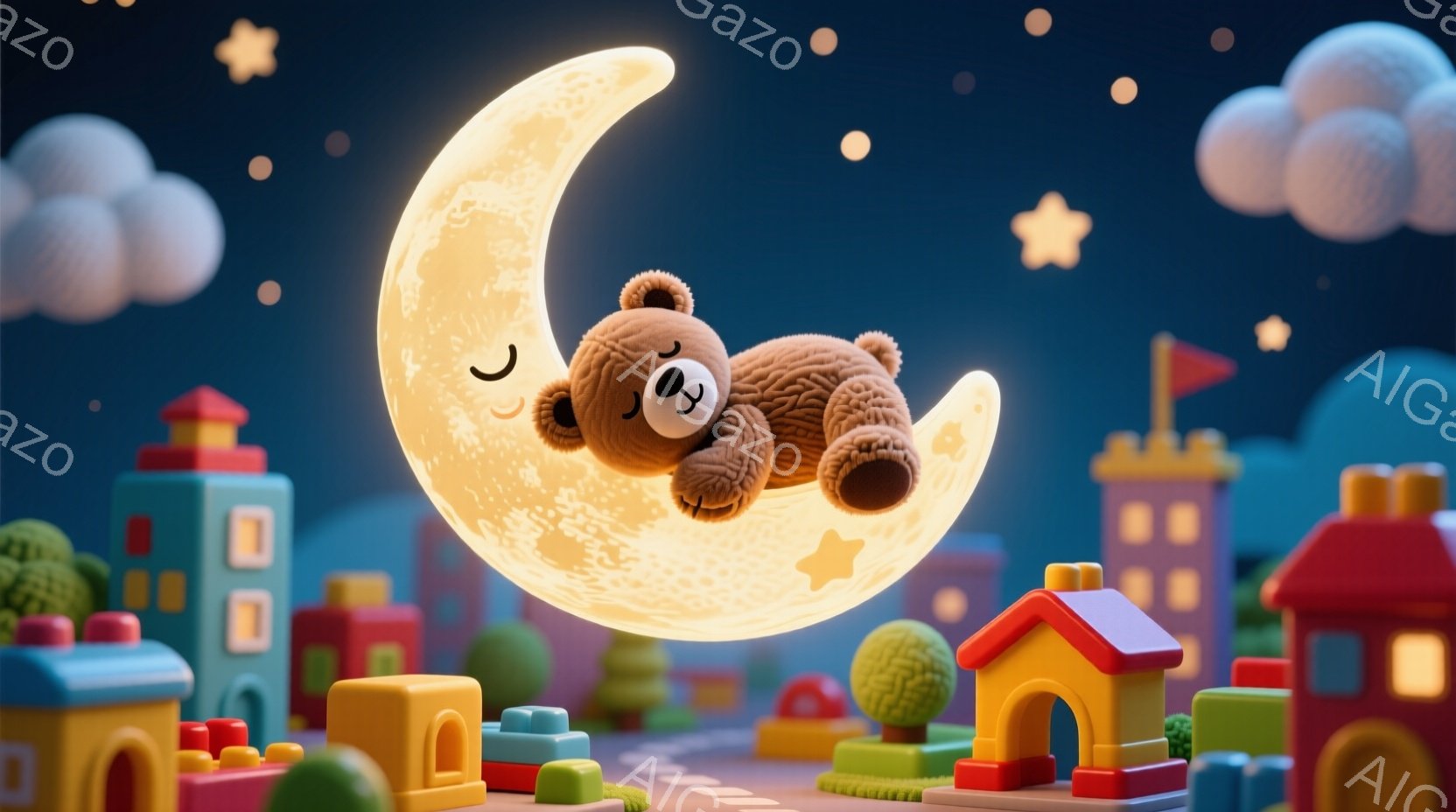 柔らかい茶色のテディベアが、明るい満月の上で眠っています。背景には、カラフルなブロックで作られたおもちゃのような街並みが広がり、星空が夜空を彩っています。全体的に温かく、夢のような雰囲気が漂い、子供向けの可愛らしいイラストレーションです。
