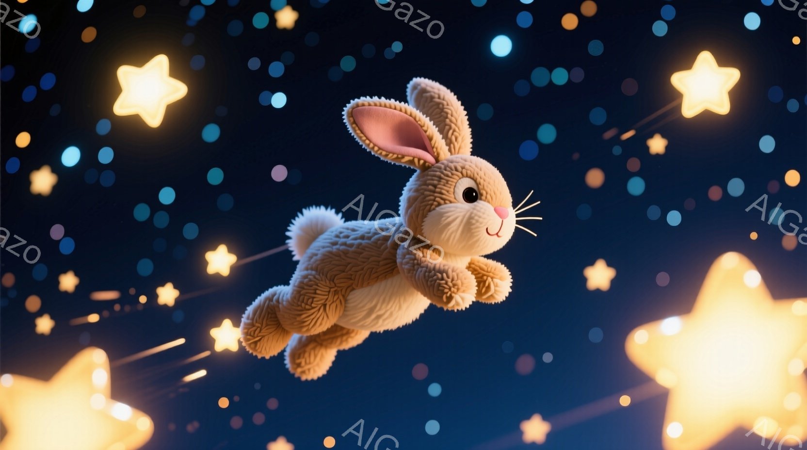 ふわふわのクリーム色のウサギが、夜空を飛び回っている様子が描かれています。ウサギは少し微笑んでおり、耳はピンと立っています。背景には、様々な大きさの輝く星が散りばめられ、幻想的な雰囲気を醸し出していま - AI生成フリー素材