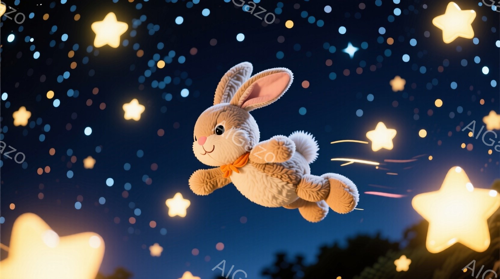 ふわふわのクリーム色のうさぎが、夜空を飛んでいる様子が描かれています。うさぎはオレンジ色のリボンを首に巻き、嬉しそうな表情で、星の間を軽やかに飛び回っています。背景は濃い青色の夜空で、大小さまざまな黄 - AI生成フリー素材