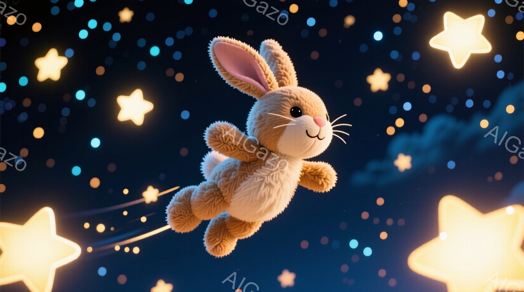 ふわふわとした茶色のウサギが、夜空を飛び回っている様子が描かれています。ウサギは嬉しそうな表情で、星屑のような光の線が後を追っています。背景は濃い青色の夜空で、大小さまざまな黄色い星が散りばめられ、幻想的な雰囲気を醸し出しています。