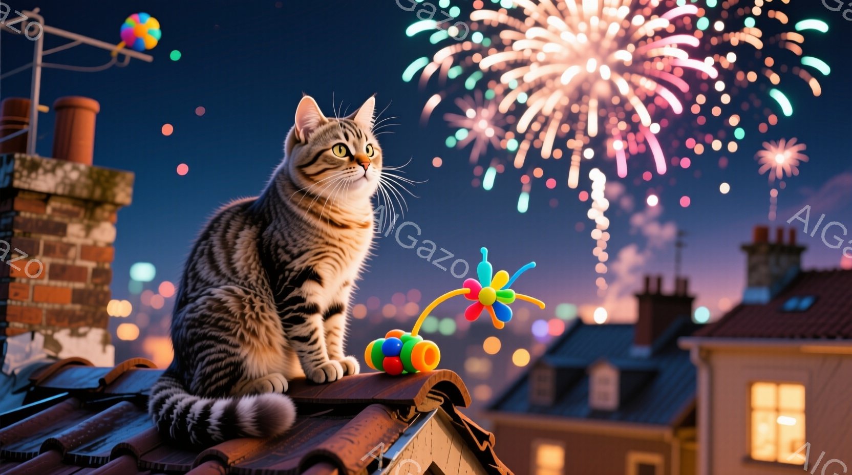 茶トラの猫が、瓦屋根の上に座って、遠くの花火を見上げています。猫はリラックスした表情で、好奇心と少しの驚きが混ざったような顔をしています。背景には、夜景が広がり、建物が密集しており、花火が夜空を彩り、華やかな雰囲気を醸し出しています。