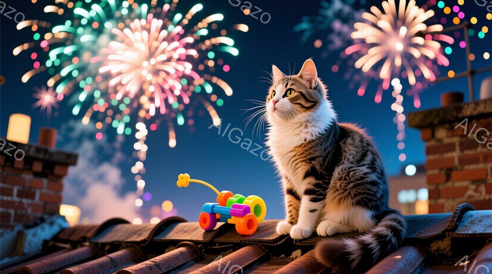 縞模様の猫が瓦屋根の上に座って遠くを見つめています。背景には夜空に打ち上げられた花火が咲き乱れ、屋根には小さな電飾が飾られています。猫はリラックスした様子で、穏やかで幻想的な雰囲気を醸し出しています。