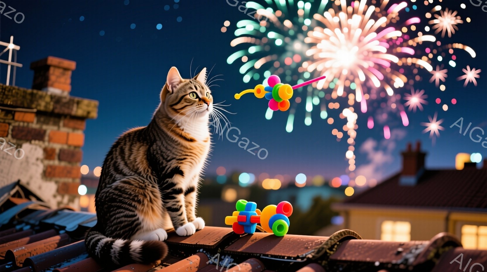 屋根の上に縞模様の猫が座っており、好奇心と少しの驚きを込めた表情で夜空を見上げています。猫の周りにはカラフルな積み木が積み上げられており、背景には夜景が広がり、打ち上げ花火が夜空を鮮やかに彩っています。全体的に、穏やかで幻想的な雰囲気が漂い、猫の視点から捉えられた特別な夜の風景が表現されています。