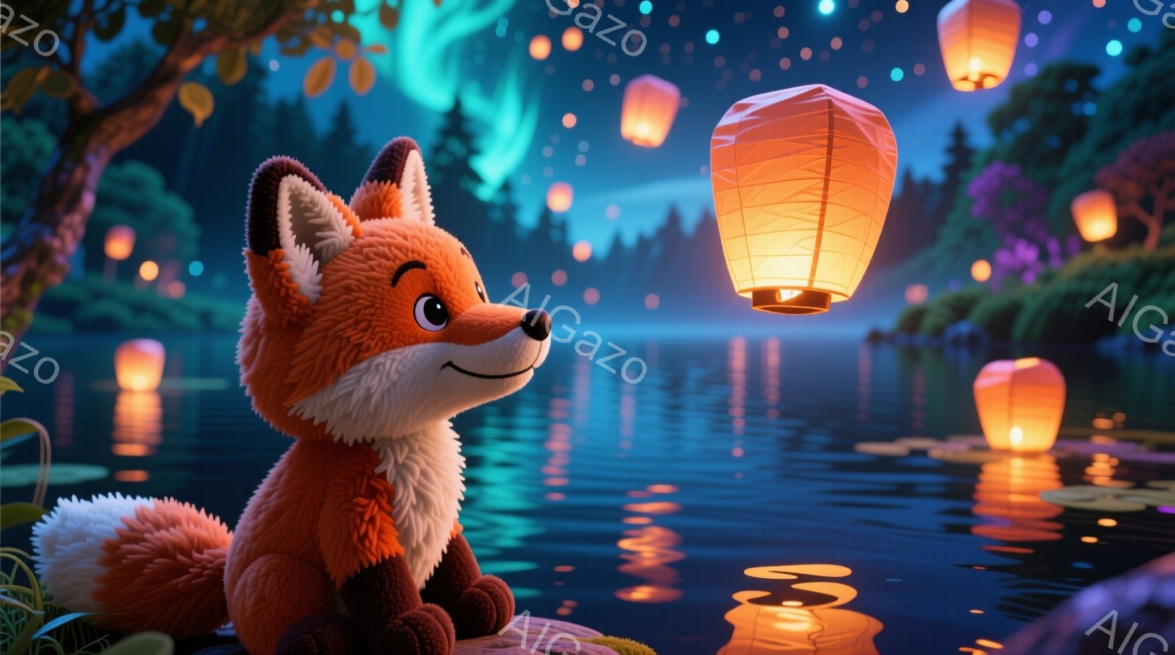 鮮やかなオレンジ色のキツネが、苔むした岩の上に座って、空に浮かぶ提灯を見上げています。キツネは丸い目と優しい笑顔で、リラックスした雰囲気です。背景には、暗い森と水面が広がり、提灯の光が水面に反射して幻 - AI生成フリー素材