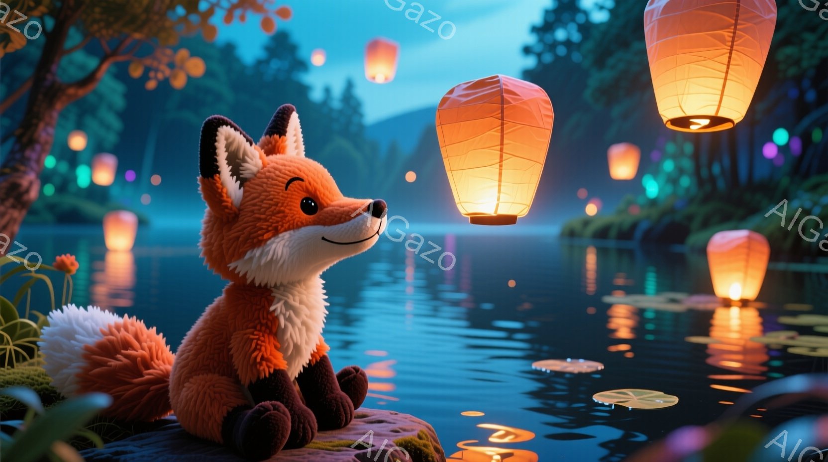明るいオレンジ色の毛並みの小さなキツネが、苔むした切り株の上に座って微笑んでいます。背景には、水面に反射する提灯が浮かび、穏やかな水面と暗い森が広がっています。全体的に、幻想的で平和な雰囲気が漂ってい - AI生成フリー素材
