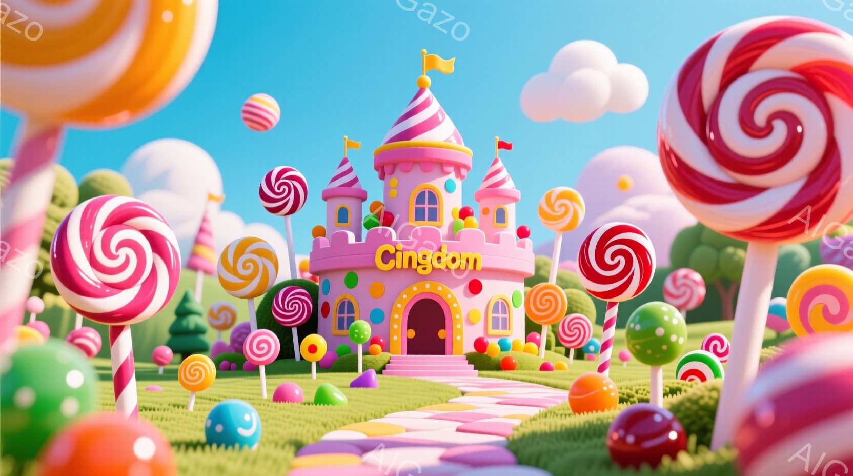 カラフルなキャンディの風景が広がっており、ピンク色の可愛らしいお城が中央に位置しています。緑の芝生には、さまざまな色の大きなキャンディが点在し、まるで夢のような世界が広がっています。明るい太陽光と青い空が、このお菓子の国をさらに幻想的にしています。