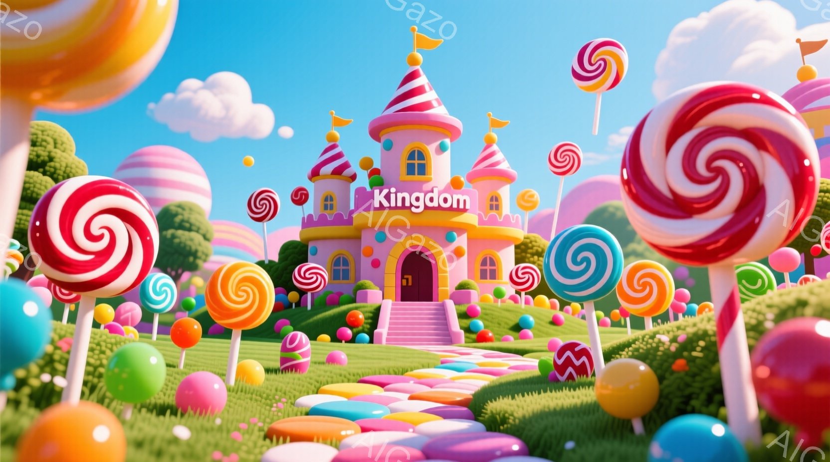 カラフルなキャンディの世界が広がる風景です。ピンク色の可愛らしいお城が中心にあり、緑の芝生の上には様々な色の巨大なキャンディが立ち並んでいます。空は晴れで、ふわふわとした雲が浮かび、全体的に甘くて夢のような雰囲気が漂っています。