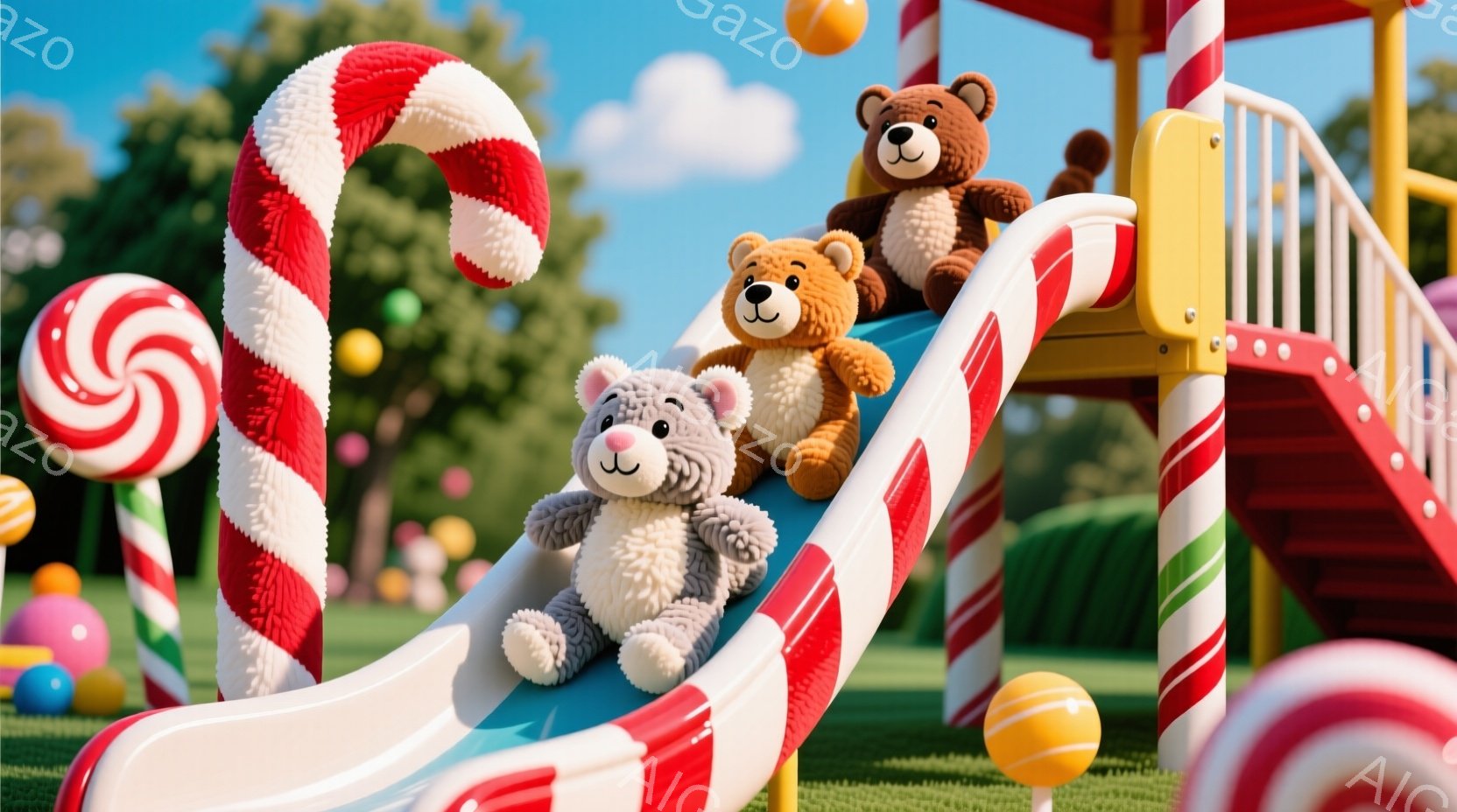 鮮やかな緑の芝生の上に、キャンディのようなカラフルな遊具が並んでいます。ふわふわの茶色と灰色のテディベアが遊具の滑り台を滑っており、楽しそうに微笑んでいます。背景には、青い空と白い雲が広がり、カラフルなキャンディが点在し、まるで夢のような、甘くて楽しい雰囲気を醸し出しています。