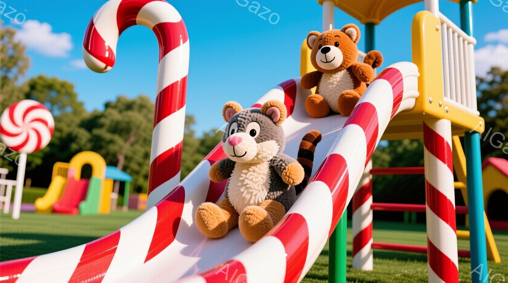 鮮やかな緑の芝生の上に、キャンディケーン模様のスライドがある遊具があります。茶色のクマと灰色のウサギのぬいぐるみはスライドの上で、楽しそうに微笑んでいます。背景には、カラフルな遊具や青空が広がり、明るく陽気な雰囲気です。