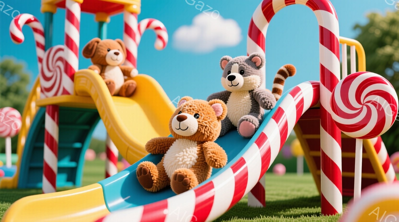 鮮やかな緑の芝生の上に、お菓子の滑り台がある遊園地のような背景で、3匹のテディベアが楽しんでいる様子が描かれています。茶色のテディベアが滑り台を滑り降り、灰色のテディベアがその手前に座り、もう一匹の茶色のテディベアは滑り台の上で微笑んでいます。背景には、キャンディのような模様の柱やカラフルな装飾が施され、晴れた空と雲が広がっており、陽気で遊び心にあふれた雰囲気が漂っています。