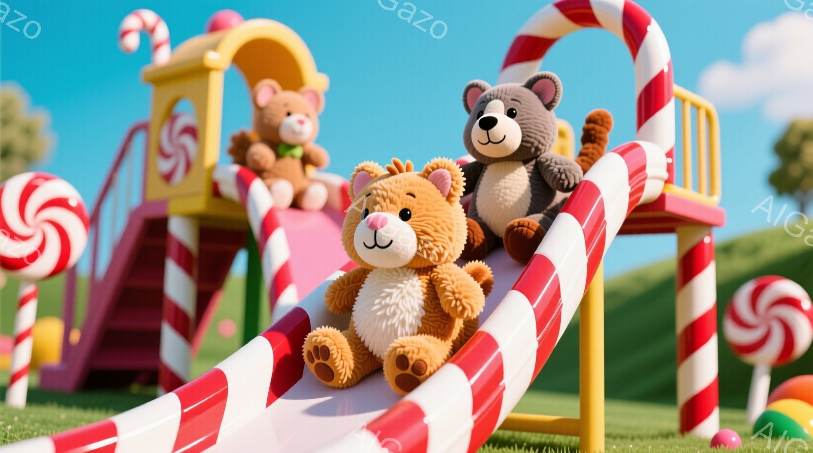 カラフルな遊具で遊ぶ3匹のテディベアが描かれています。一匹は赤い縞模様のスライドを滑り降りており、もう一匹は遊具の一番上で見下ろしています。背景には緑の丘と青空が広がり、大きなキャンディが配置され、全体的に楽しく、夢のような雰囲気が漂っています。