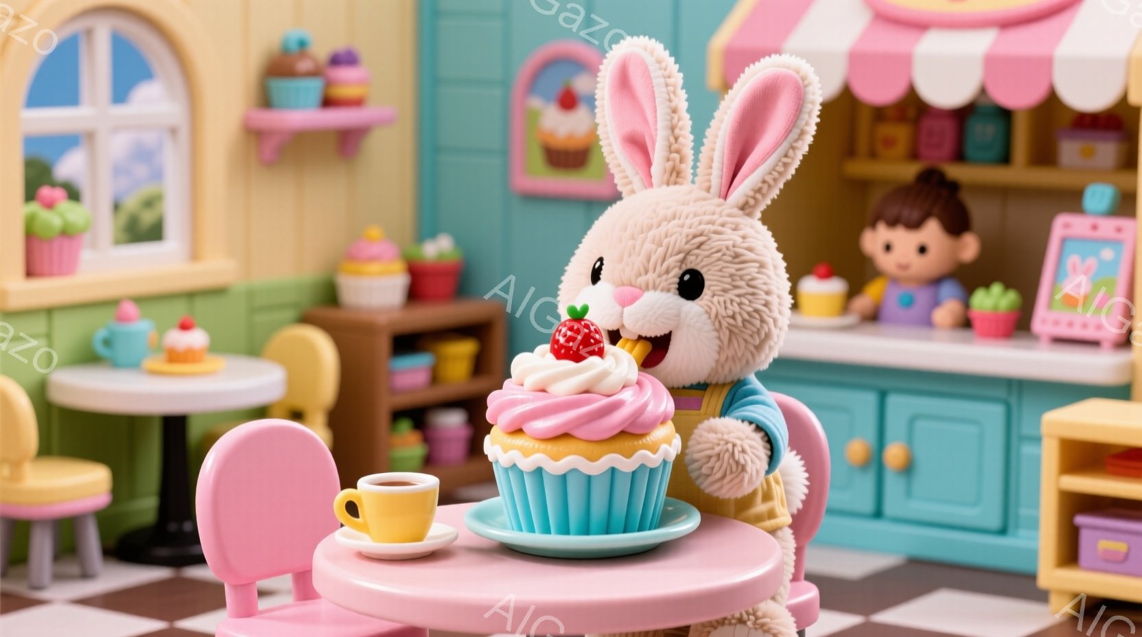 ふわふわの白いウサギの人形が、大きなピンク色のクリームとイチゴが飾られた水色のカップケーキを前に座っています。ウサギは水色のベストを着ており、満面の笑みを浮かべてカップケーキを美味しそうに食べようとし - AI生成フリー素材