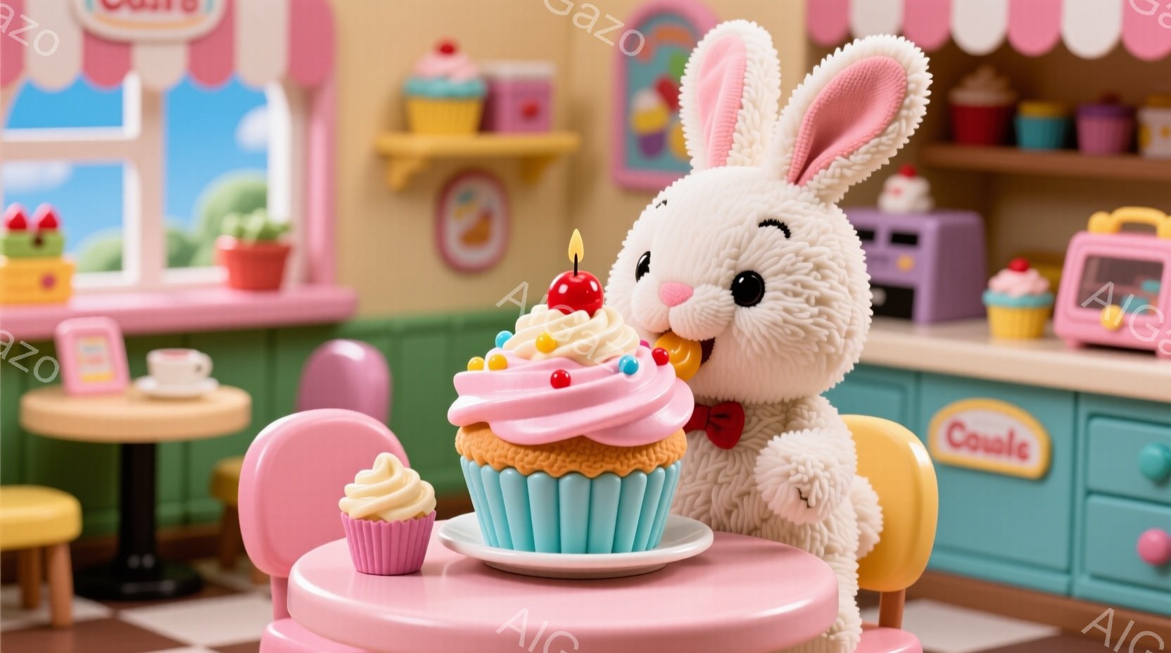 ふわふわの白いウサギが、クリームとカラフルなスプリンクルで飾られた大きなカップケーキを前にしています。ウサギは赤いリボンを付けており、嬉しそうな表情でカップケーキを見つめています。背景には、パステルカラーの家具やケーキが並んだ可愛らしいカフェの様子が描かれており、温かく、お祝いムードに満ちた雰囲気です。