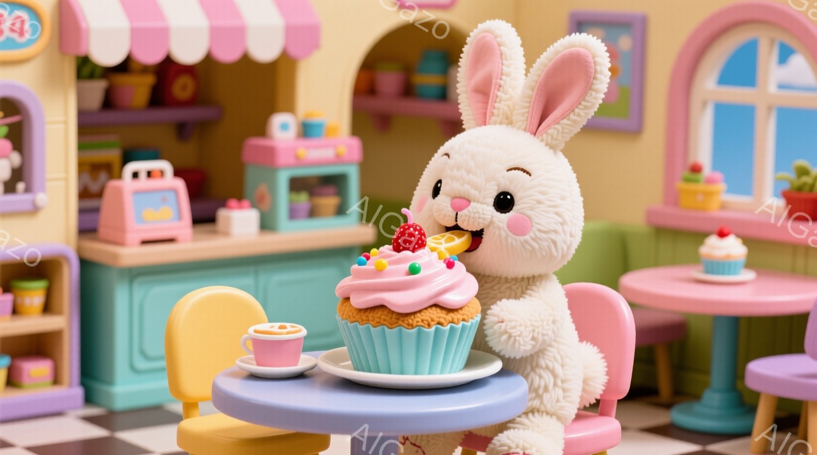 白いふわふわのウサギが、クリームとイチゴで飾られた大きなカップケーキを美味しそうに食べている様子が描かれています。ウサギはピンク色の椅子に座り、テーブルには飲み物の入ったカップも置かれています。背景は、パステルカラーの可愛らしいカフェで、ショーケースには他のケーキや焼き菓子が並んでいます。