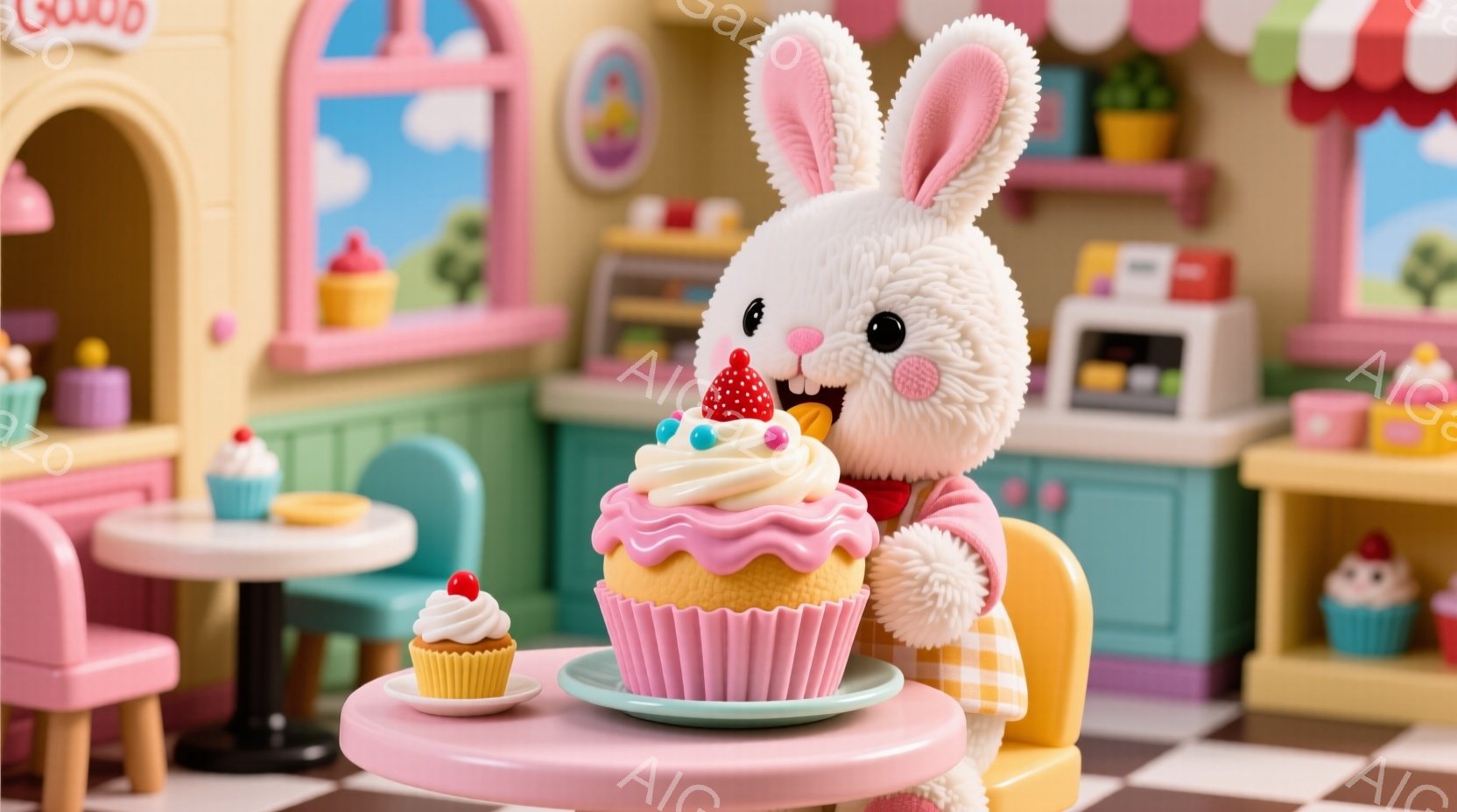 ふわふわの白いウサギが、ピンク色の大きなカップケーキを美味しそうに頬張っています。ウサギは緑色のベストを着ており、背景にはパステルカラーの可愛らしいカフェの様子が見えます。カフェ内には、テーブルや椅子 - AI生成フリー素材