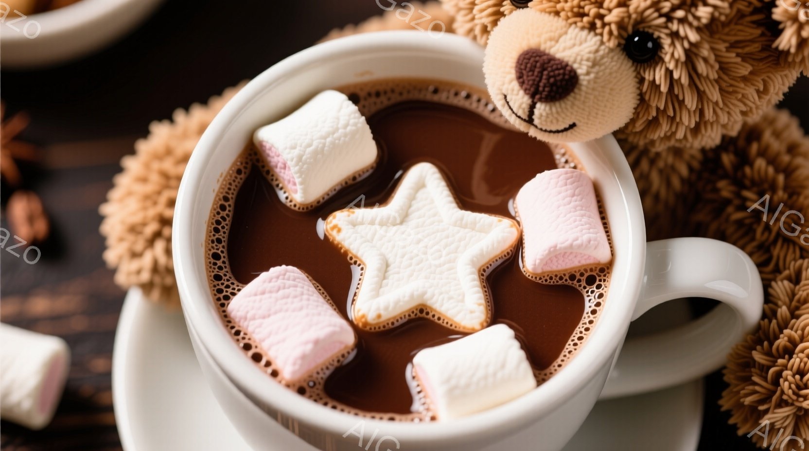 温かいココアまたはホットチョコレートが、白い縁取りのあるマシュマロと星形の大きなマシュマロで満たされたカップに入っています。カップの端には、可愛らしいテディベアが寄りかかっており、カップの温かさとマシュマロの甘さを強調しています。背景は落ち着いた木の色で、温かく居心地の良い雰囲気を醸し出しています。